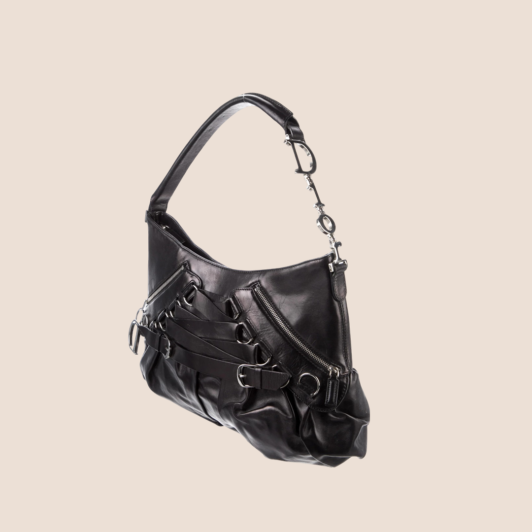 CHRISTIAN D1OR 2005 BLACK LEATHER CORSET BAG