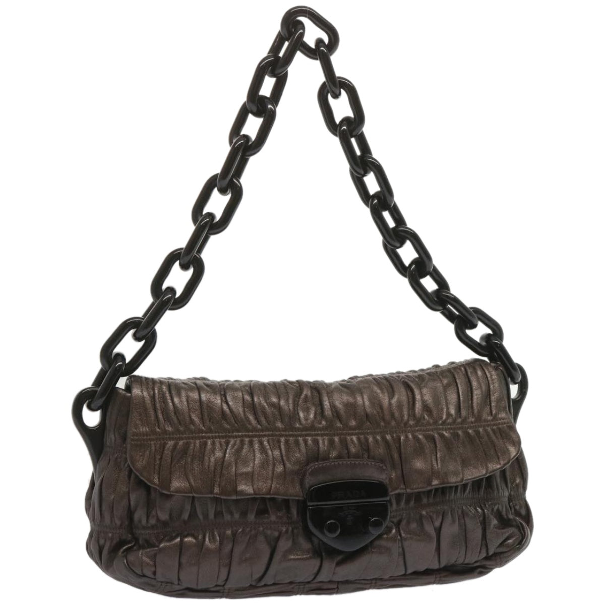 PRD Chain Shoulder Bag Leather Gunmetal Auth hk1132