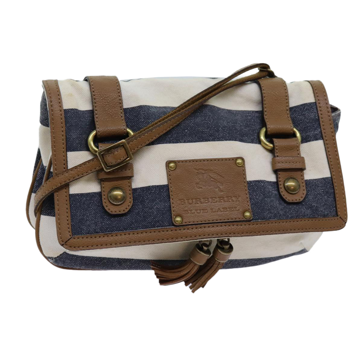 BBERRY Blue Label Shoulder Bag Canvas White Navy Brown Auth hk1266