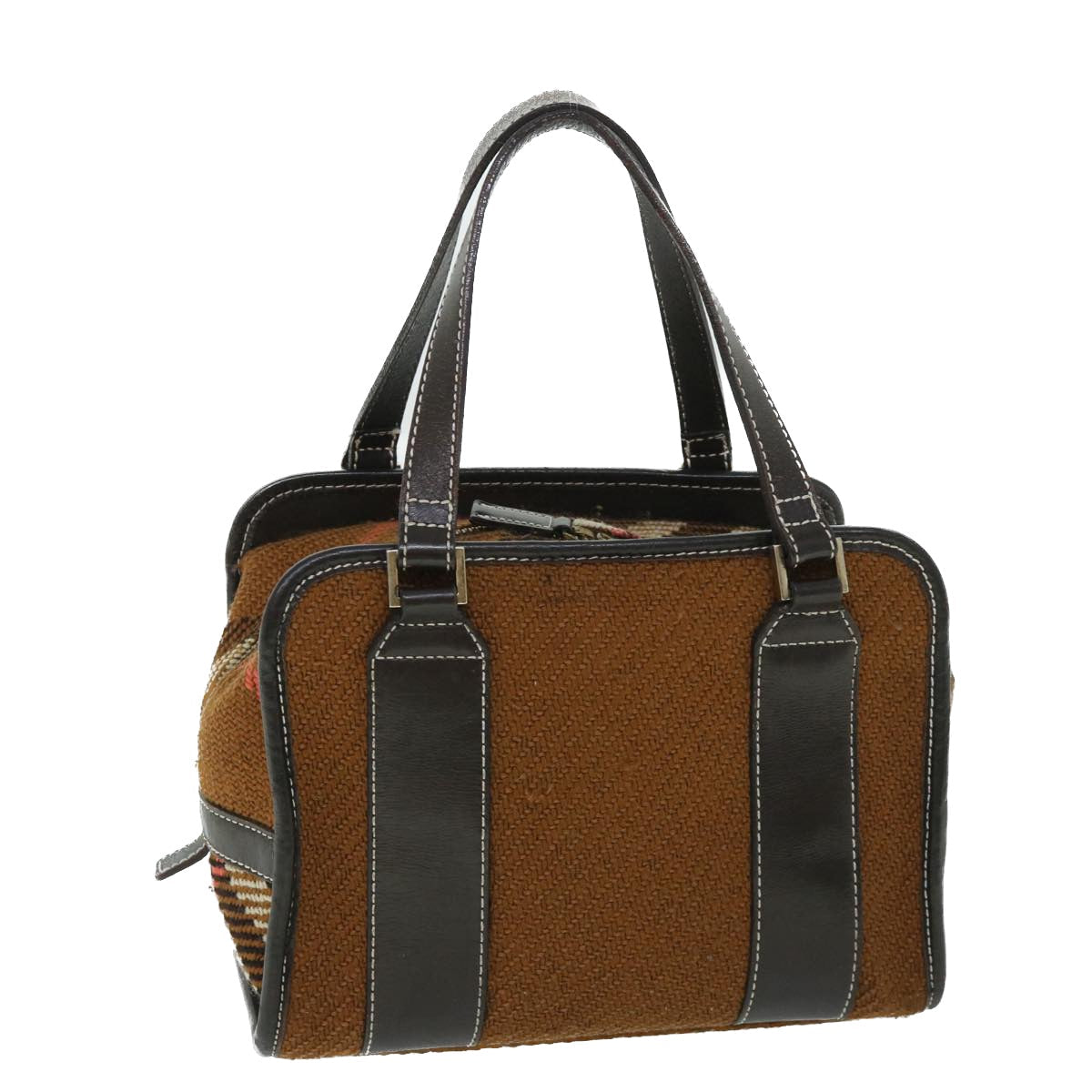 BBERRY Blue Label Hand Bag Wool Leather Brown Auth hk844
