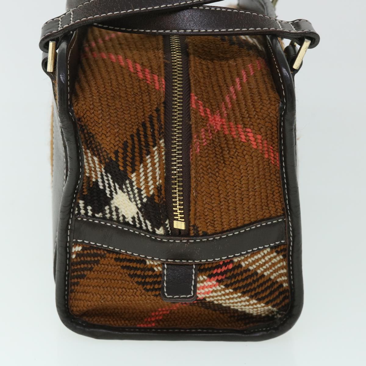 BBERRY Blue Label Hand Bag Wool Leather Brown Auth hk844