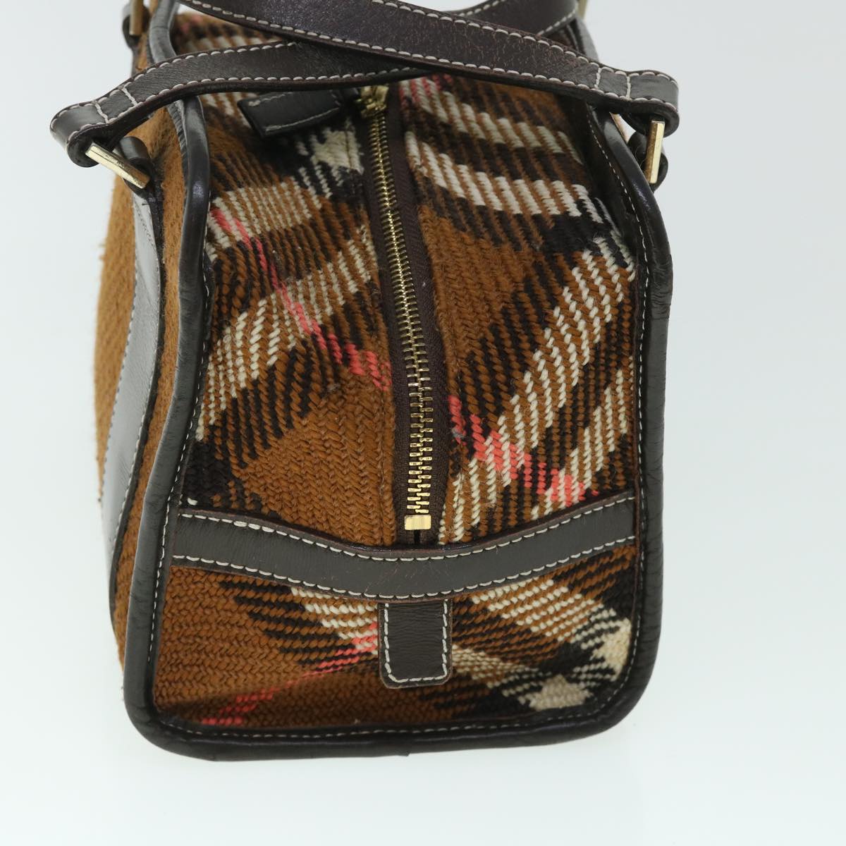 BBERRY Blue Label Hand Bag Wool Leather Brown Auth hk844