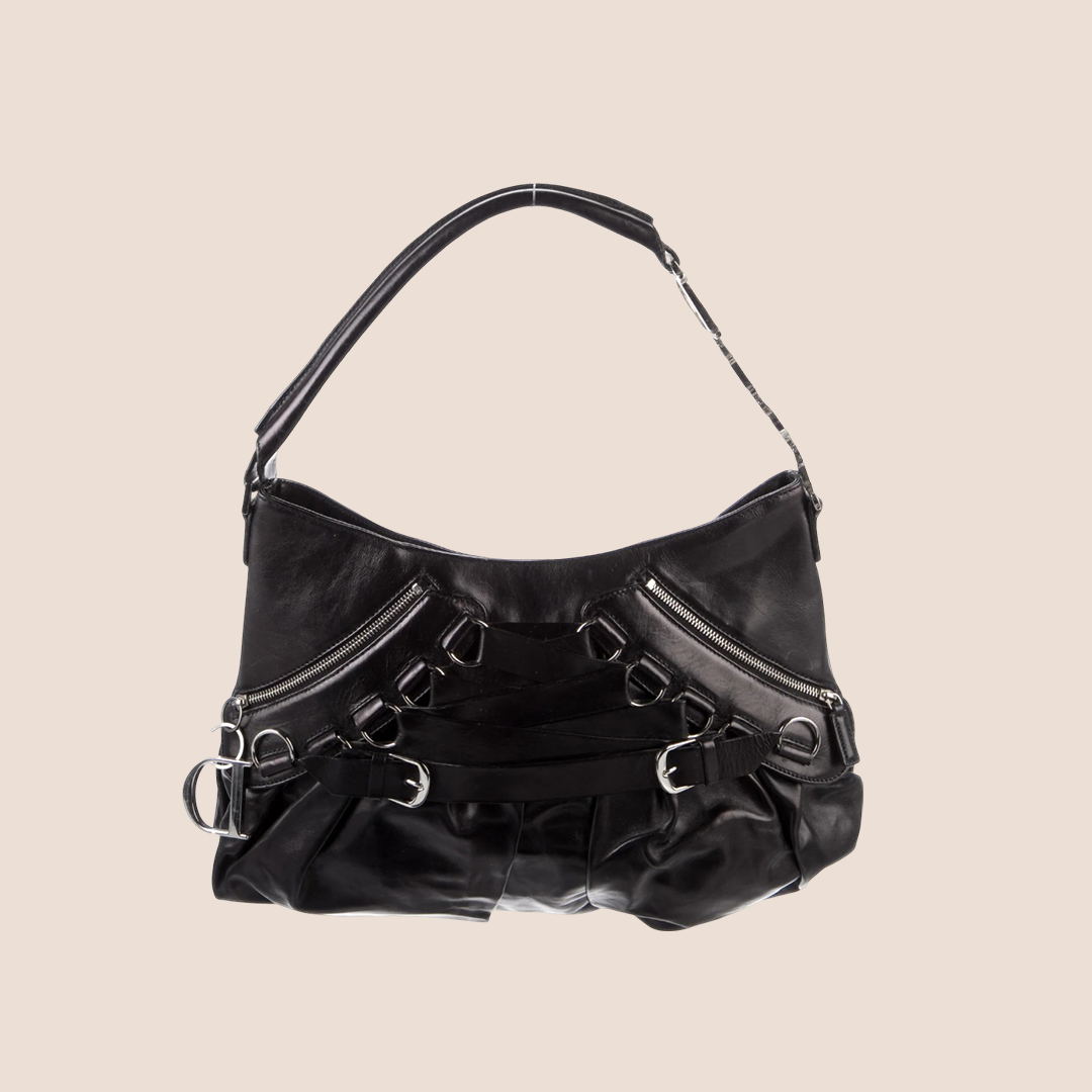 CHRISTIAN D1OR 2005 BLACK LEATHER CORSET BAG