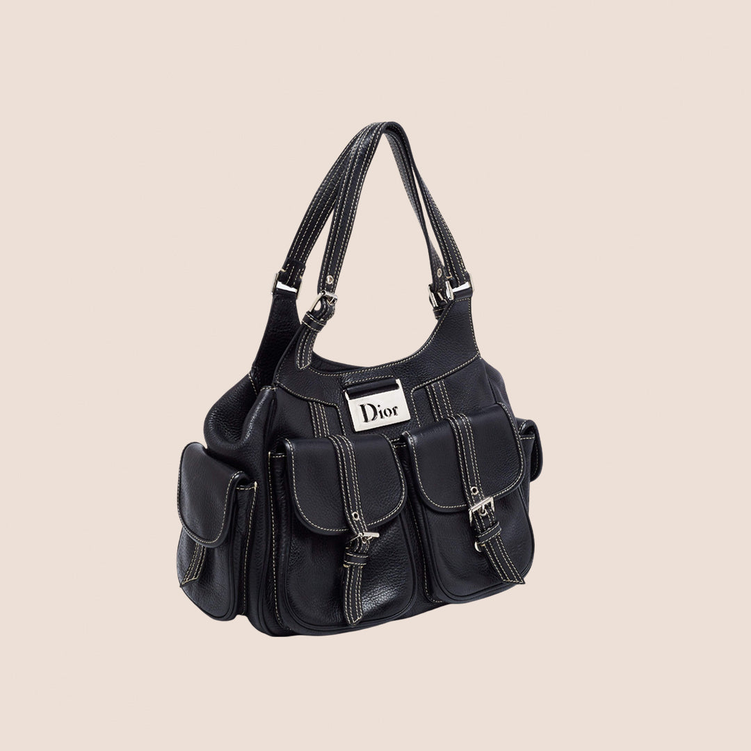 CHRISTIAN D1OR BLACK LEATHER STREET CHIC SATCHEL