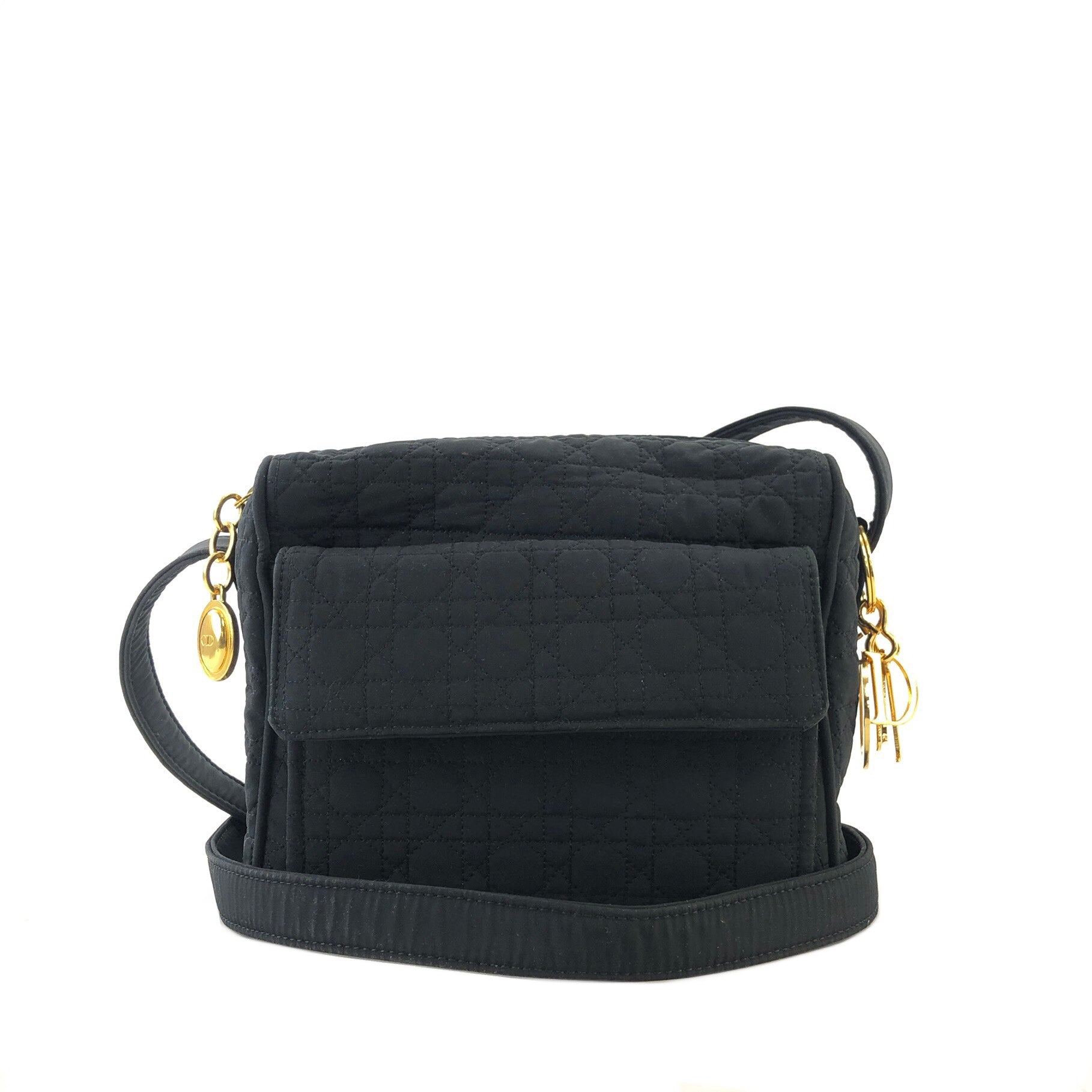 Christian D1OR Cannage Logo Motif Charm Nylon Shoulder bag Black Vintage e7e3wt