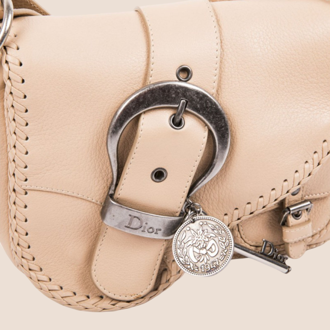 CHRISTIAN D1OR BEIGE PEBBLED CALFSKIN MINI GAUCHO CROSSBODY BAG