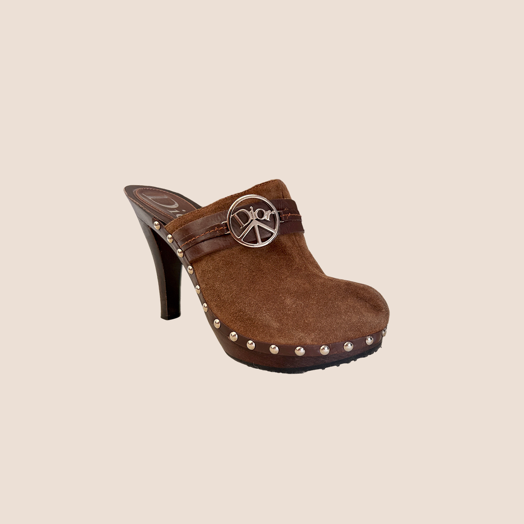 CHRISTIAN D1OR 2005 BROWN SUEDE STUDDED CLOGS