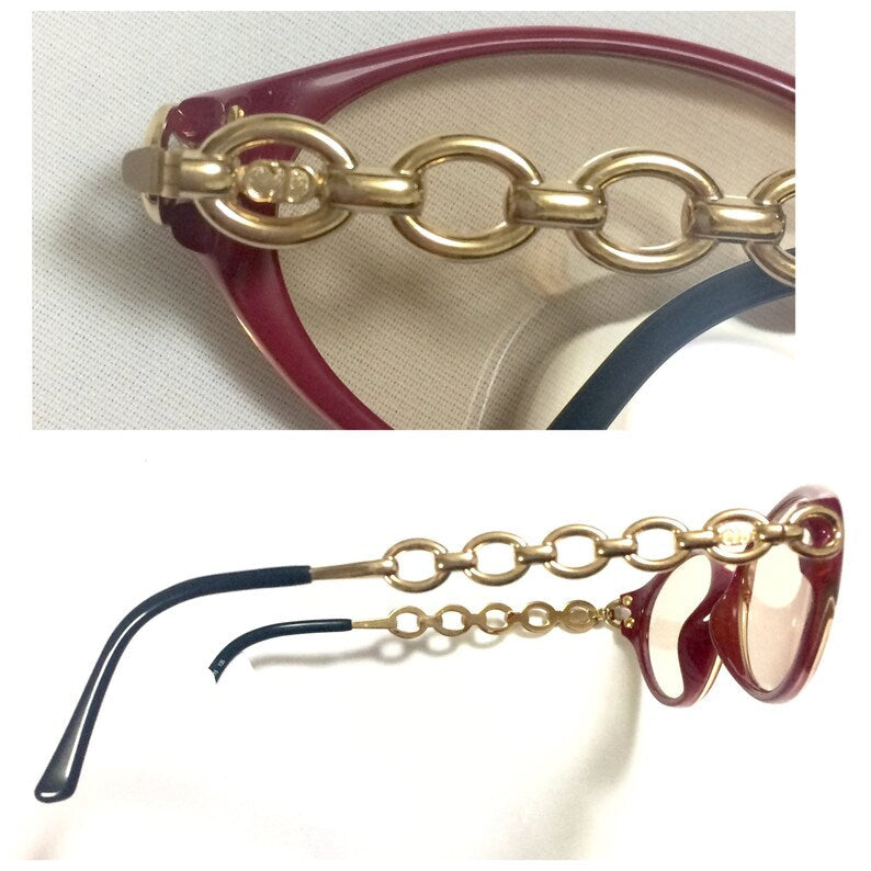 CHRISTIAN D1OR 60's, 70's vintage pink and orange gradation sunglasses with golden chain temple