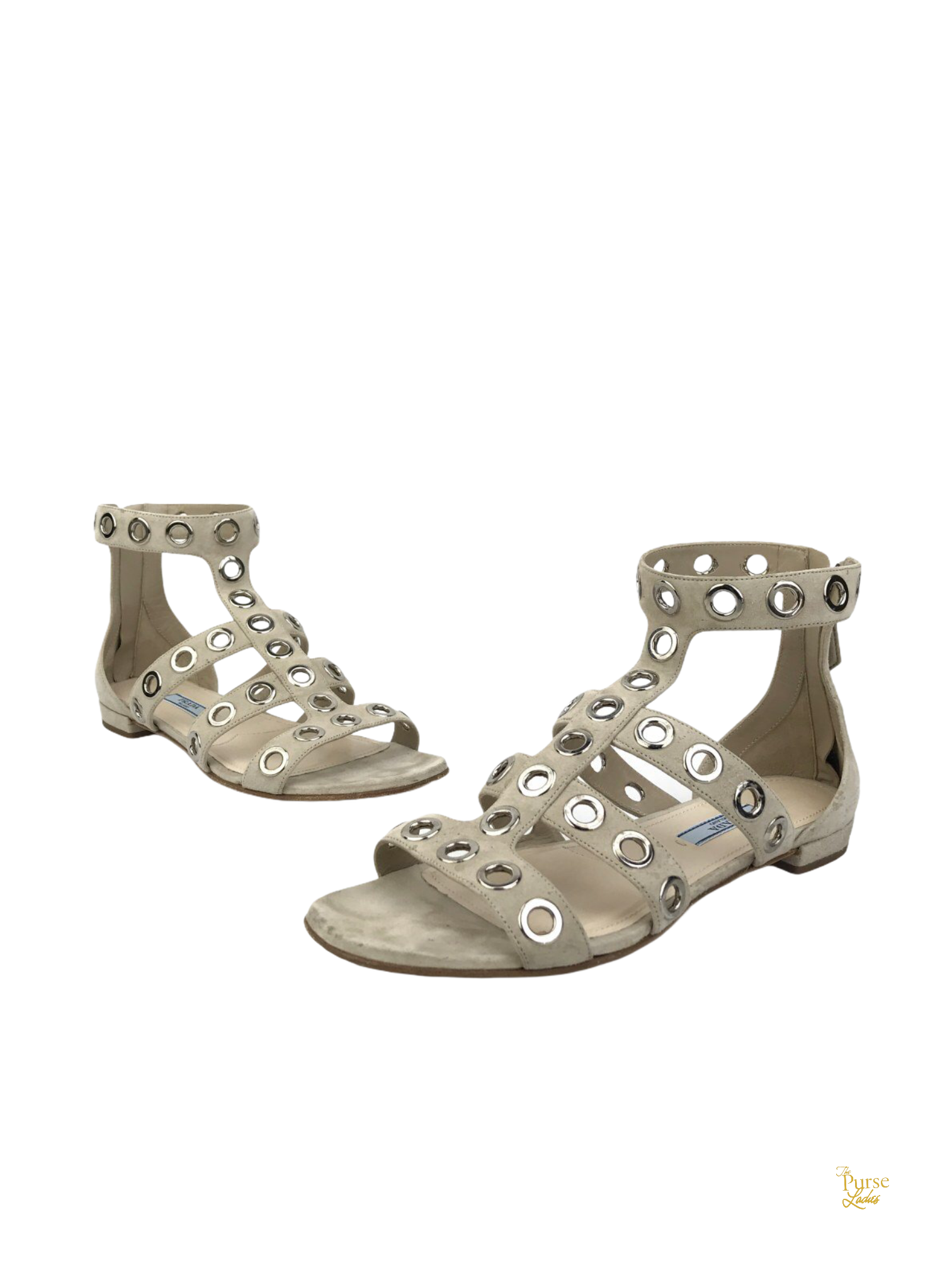 PRD Beige Suede Rivet Stud Caged Sandals