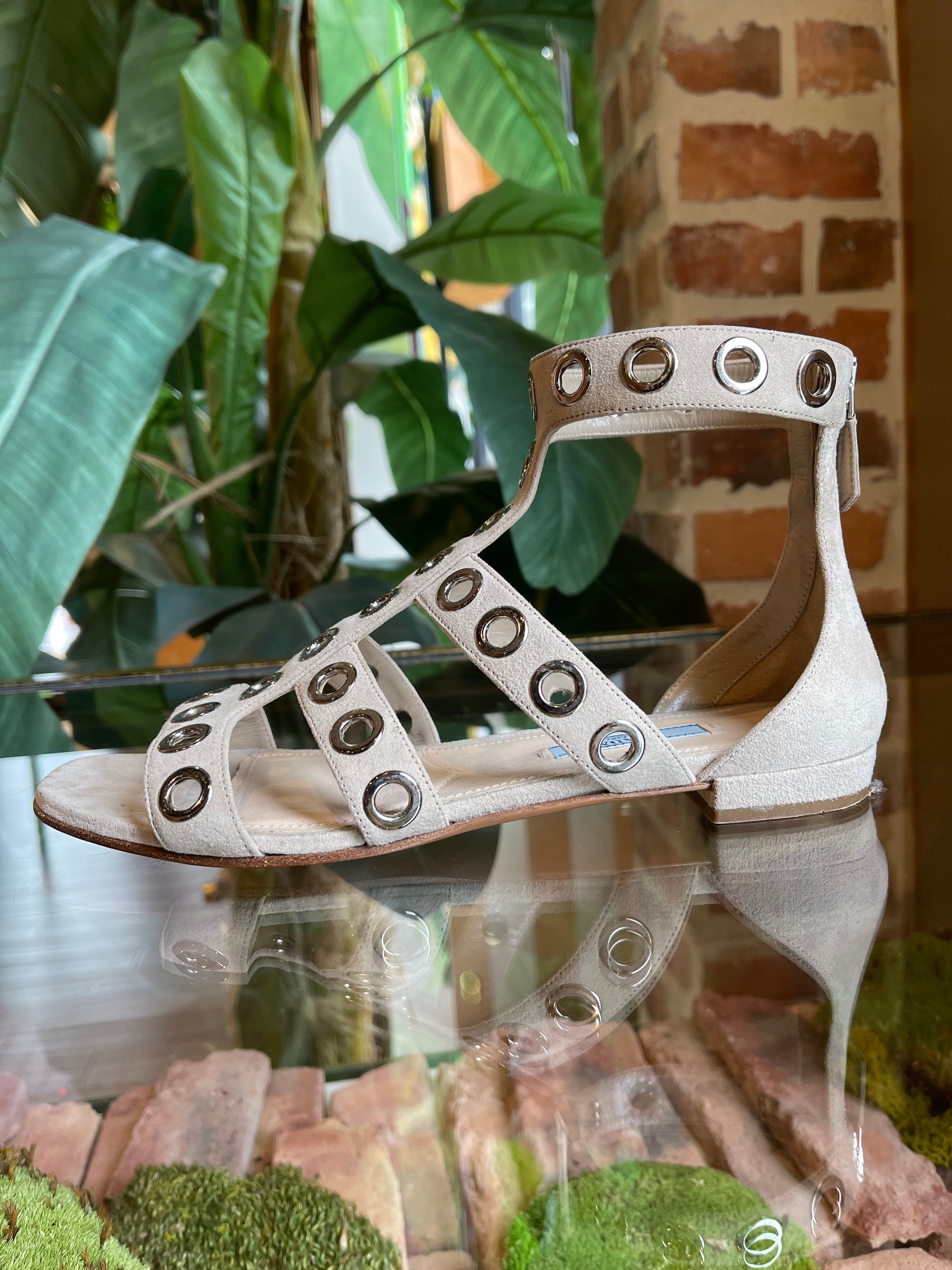 PRD Beige Suede Rivet Stud Caged Sandals