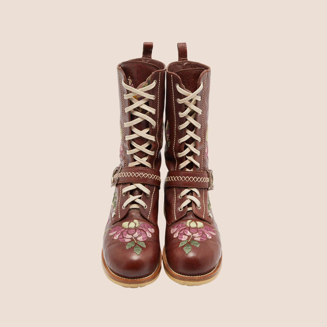 CHRISTIAN D1OR BROWN FLORAL &amp; BUTTERFLY EMBROIDERED COMBAT BOOTS
