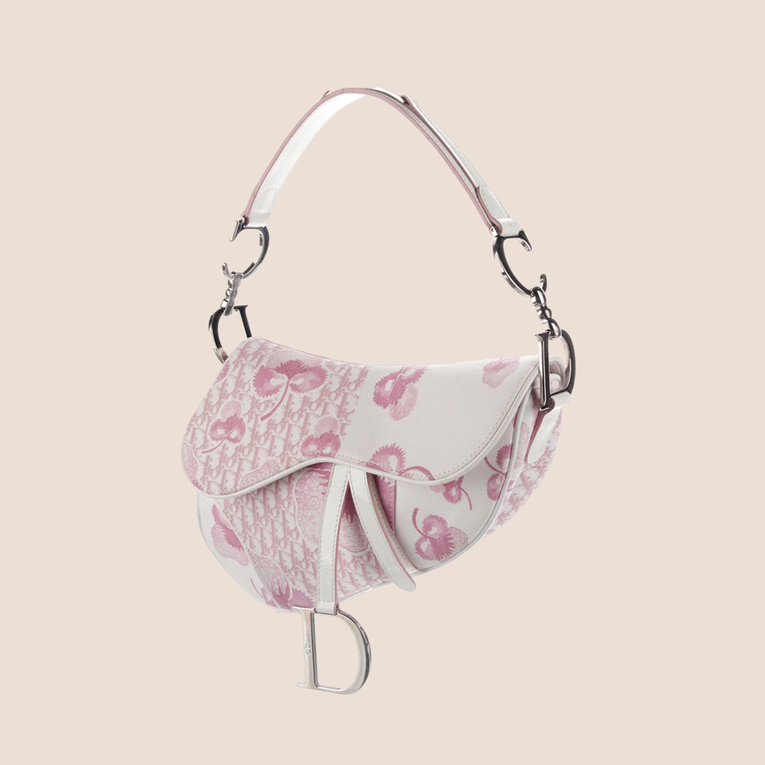 CHRISTIAN D1OR 2004 GIRLY PINK CHERRY BLOSSOM CANVAS SADDLE BAG