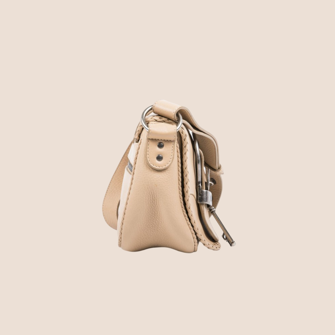 CHRISTIAN D1OR BEIGE PEBBLED CALFSKIN MINI GAUCHO CROSSBODY BAG