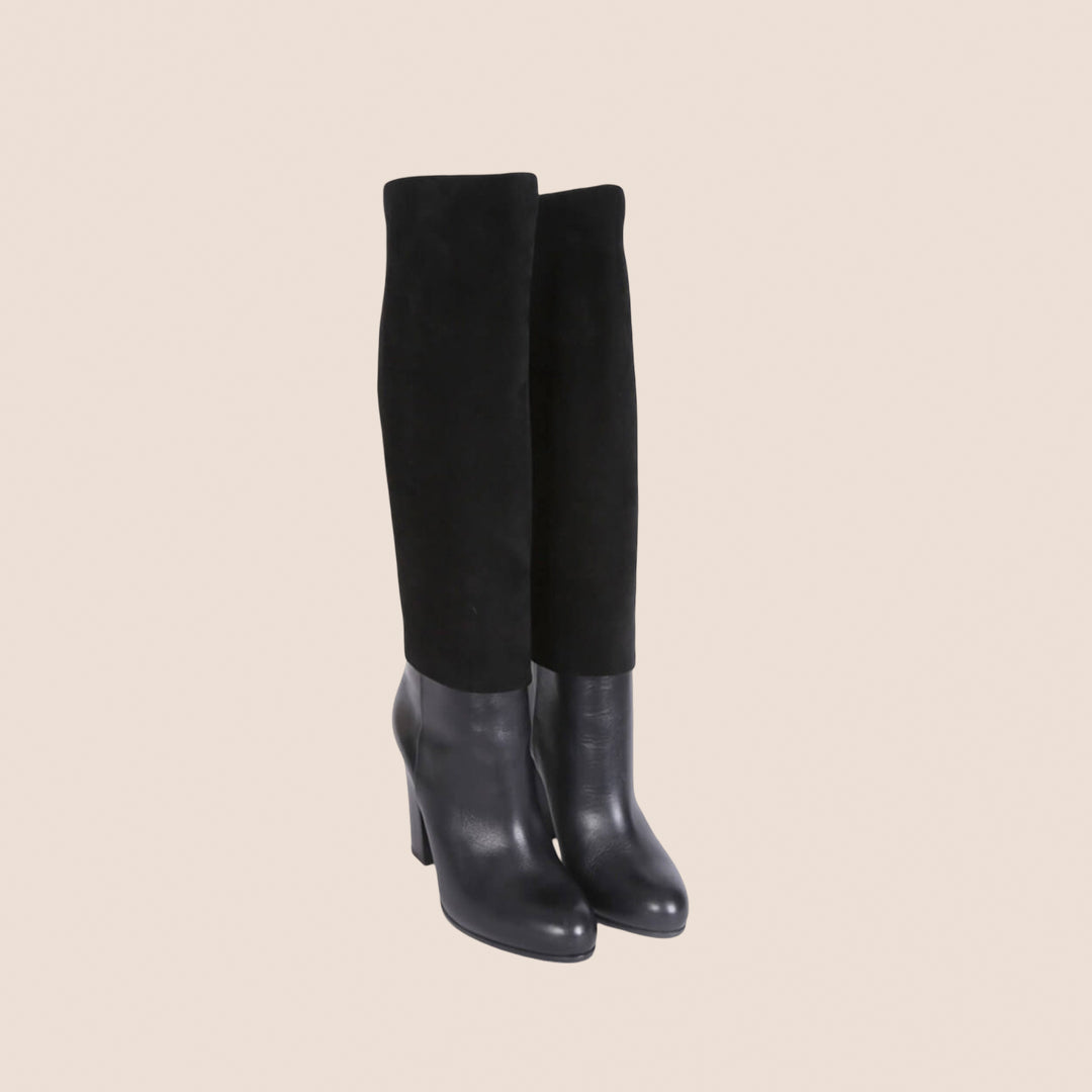 CHRISTIAN D1OR BLACK SUEDE TOP LEATHER HIGH HEEL BOOTS