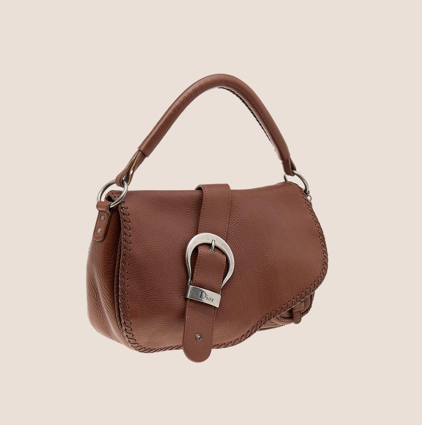 CHRISTIAN D1OR BROWN LEATHER WHIPSTITCH GAUCHO BAG