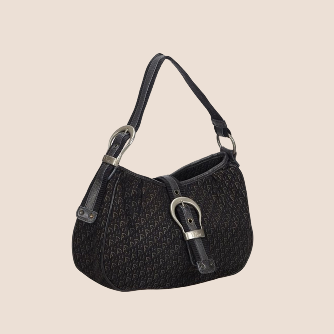 CHRISTIAN D1OR BLACK OBLIQUE BUCKLE HOBO BAG