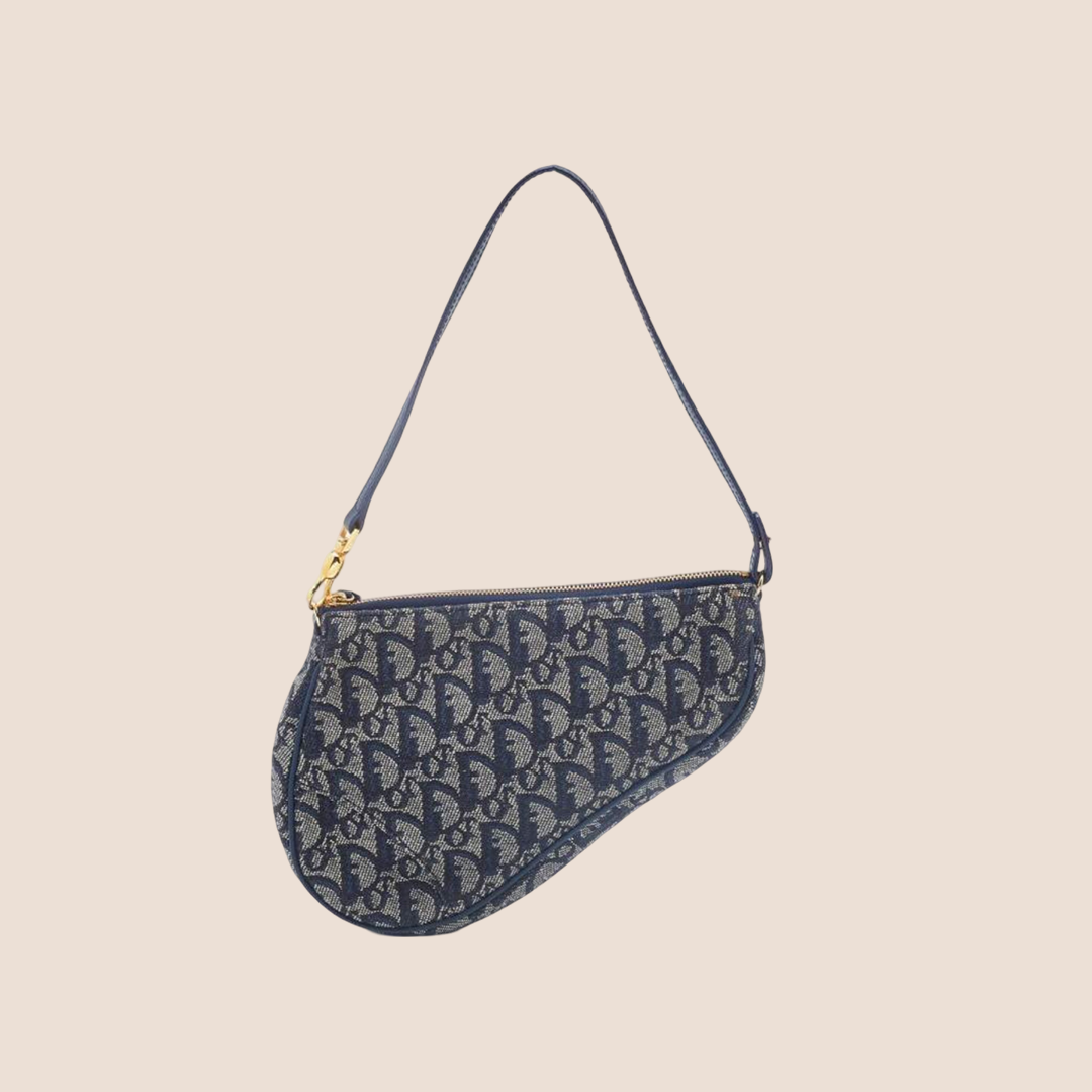 CHRISTIAN D1OR BLUE OBLIQUE CANVAS SADDLE BAG