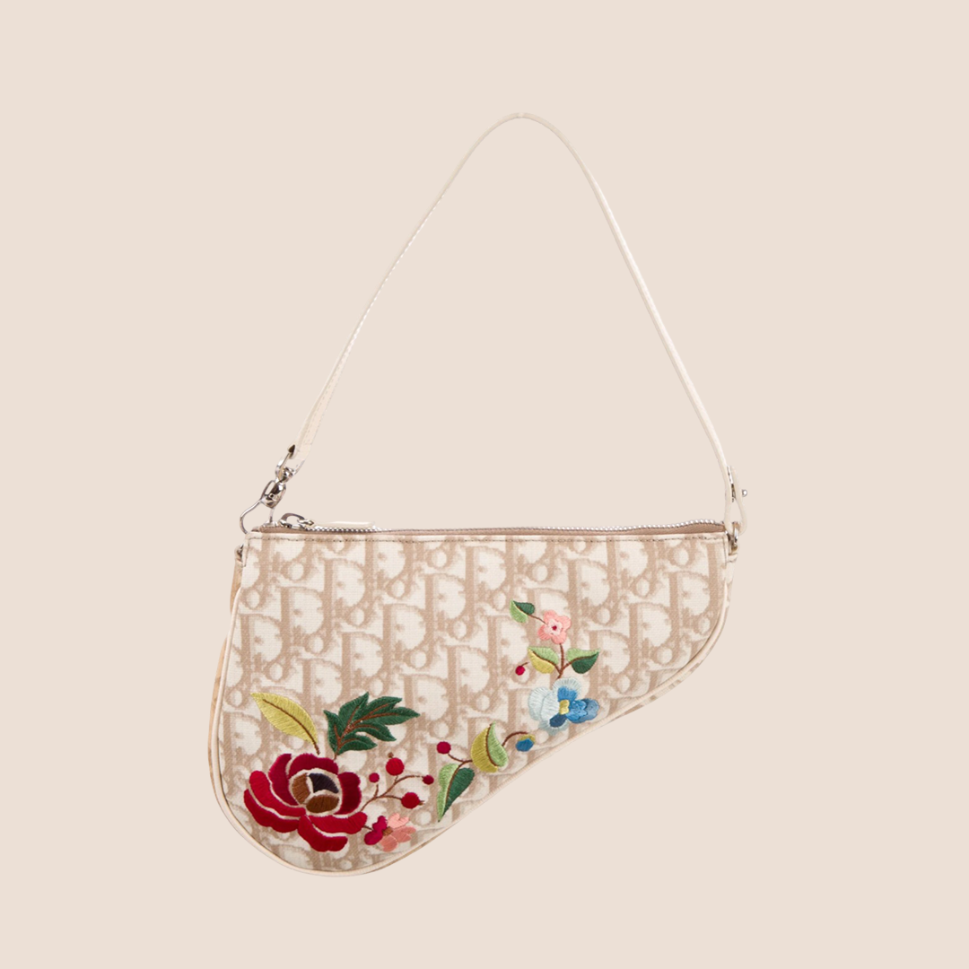 CHRISTIAN D1OR BEIGE EMBROIDERED FLOWERS SADDLE BAG