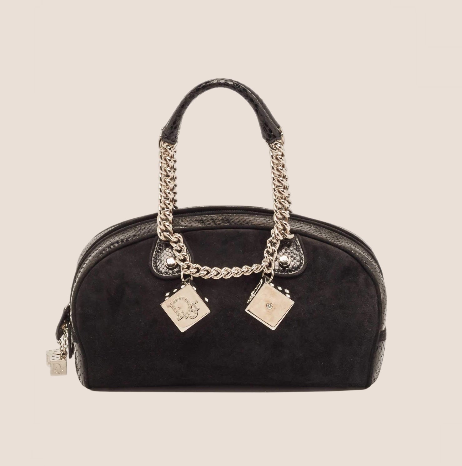 CHRISTIAN D1OR 2004 PYTHON TRIMMED BLACK SUEDE GAMBLER DICE BOWLER BAG