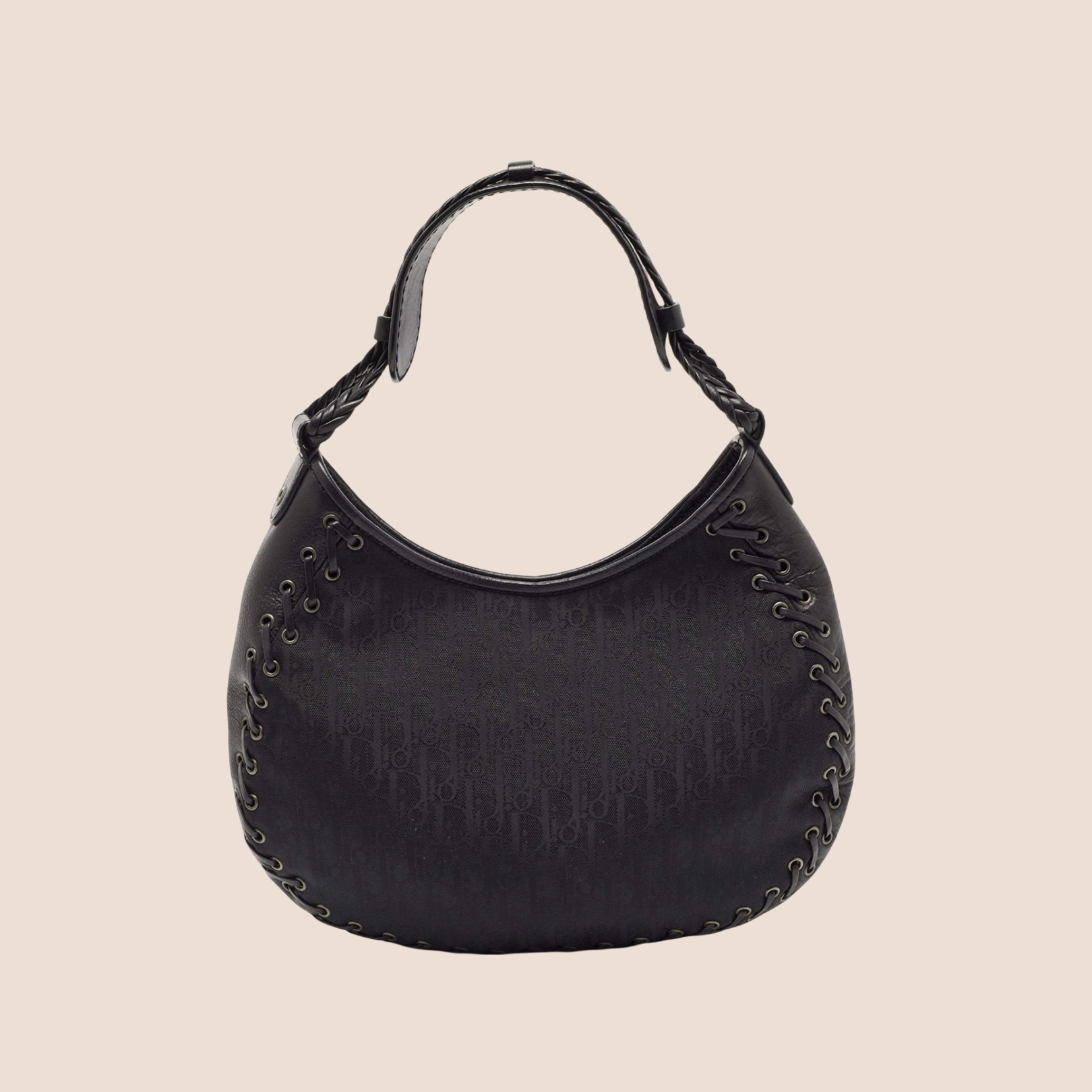 CHRISTIAN D1OR BLACK OBLIQUE NYLON &amp; LEATHER HOBO BAG