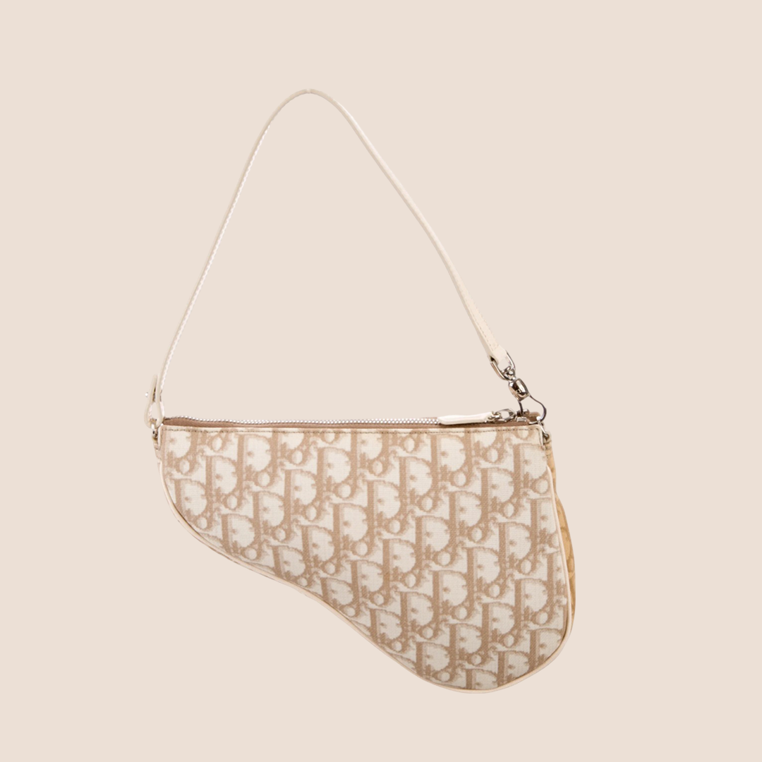 CHRISTIAN D1OR BEIGE EMBROIDERED FLOWERS SADDLE BAG