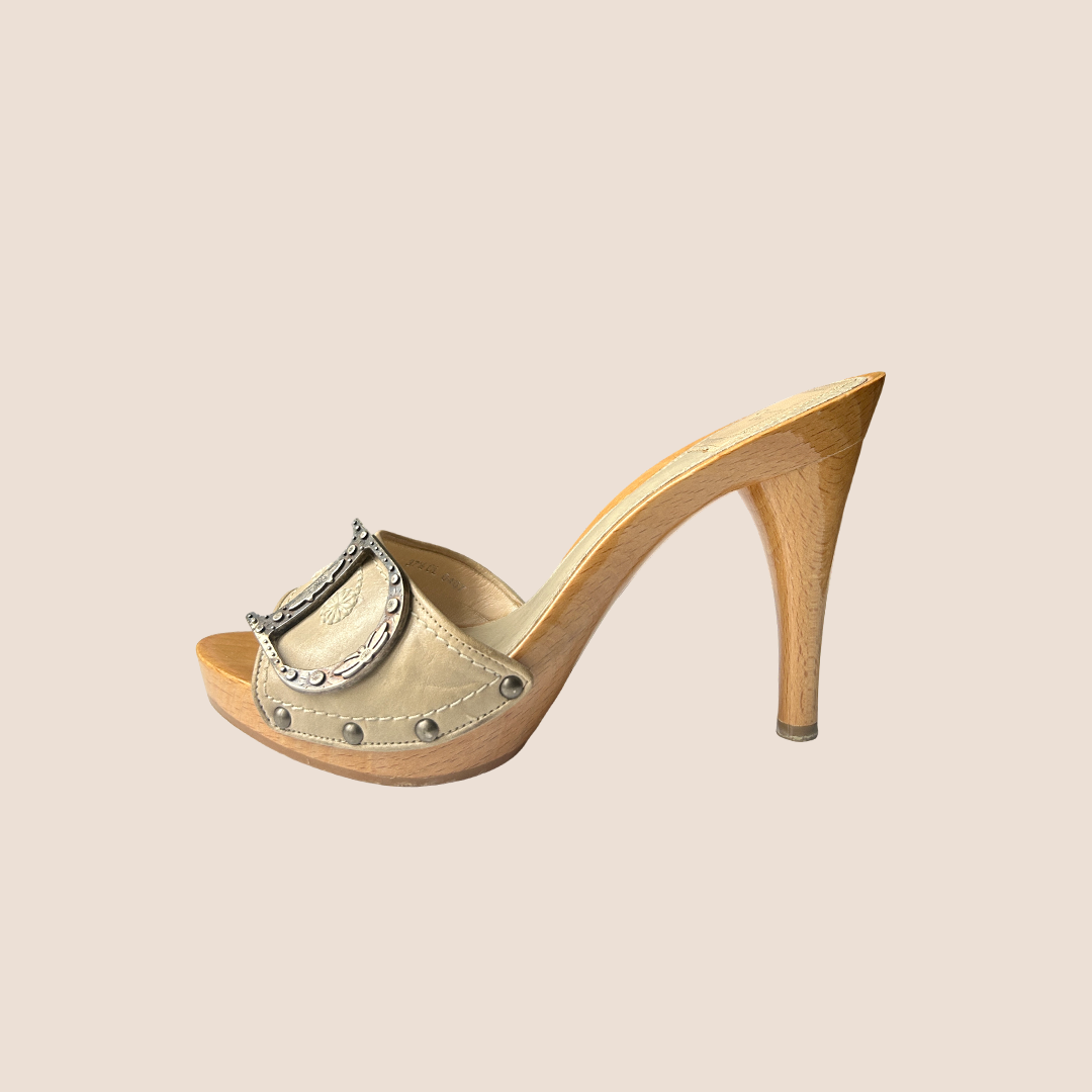 CHRISTIAN D1OR BEIGE GLOSSY WOOD PLATFORM HEELS