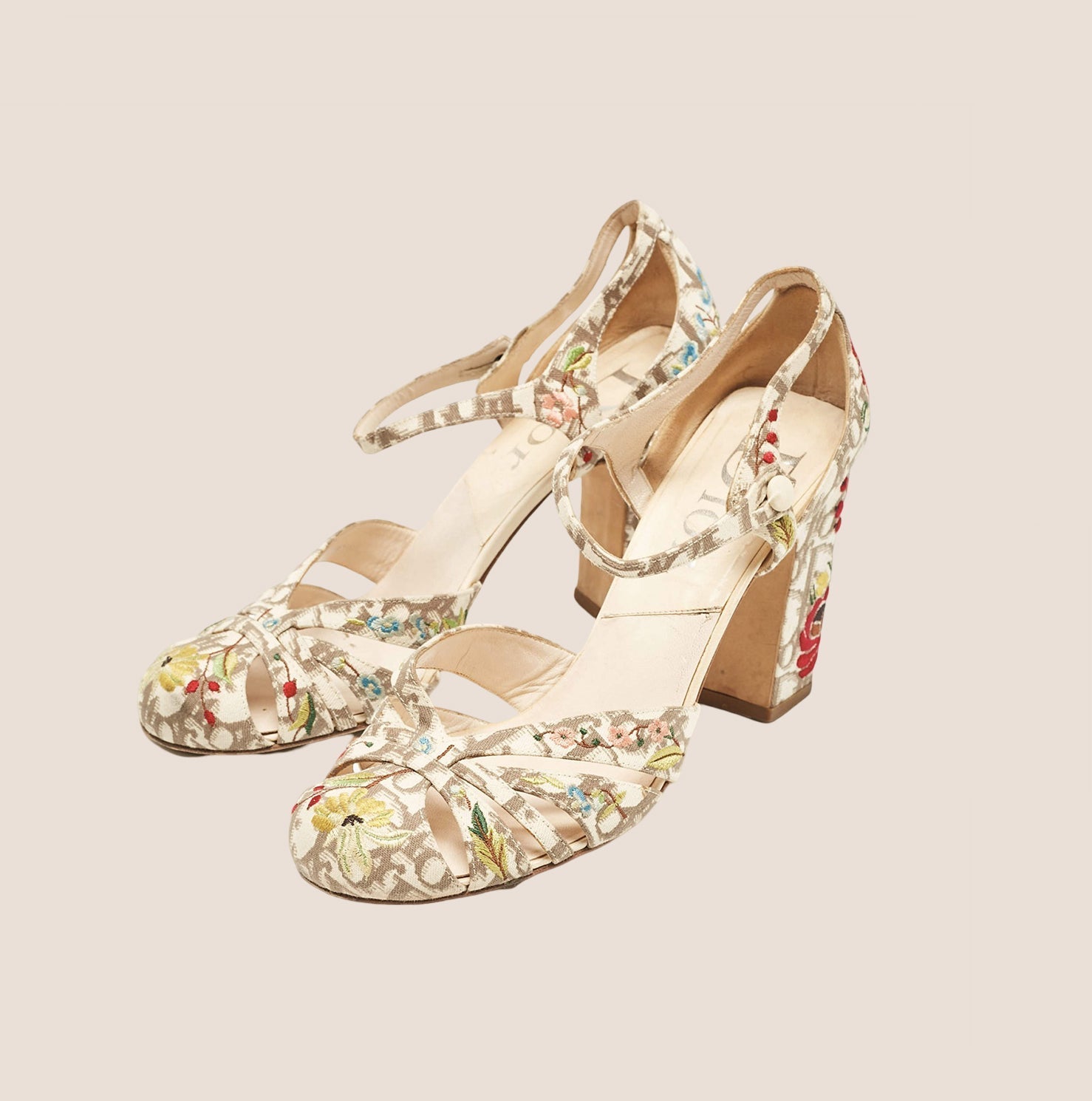 CHRISTIAN D1OR BEIGE D1ORISSIMO FLORAL EMBROIDERED MARY JANE PUMPS