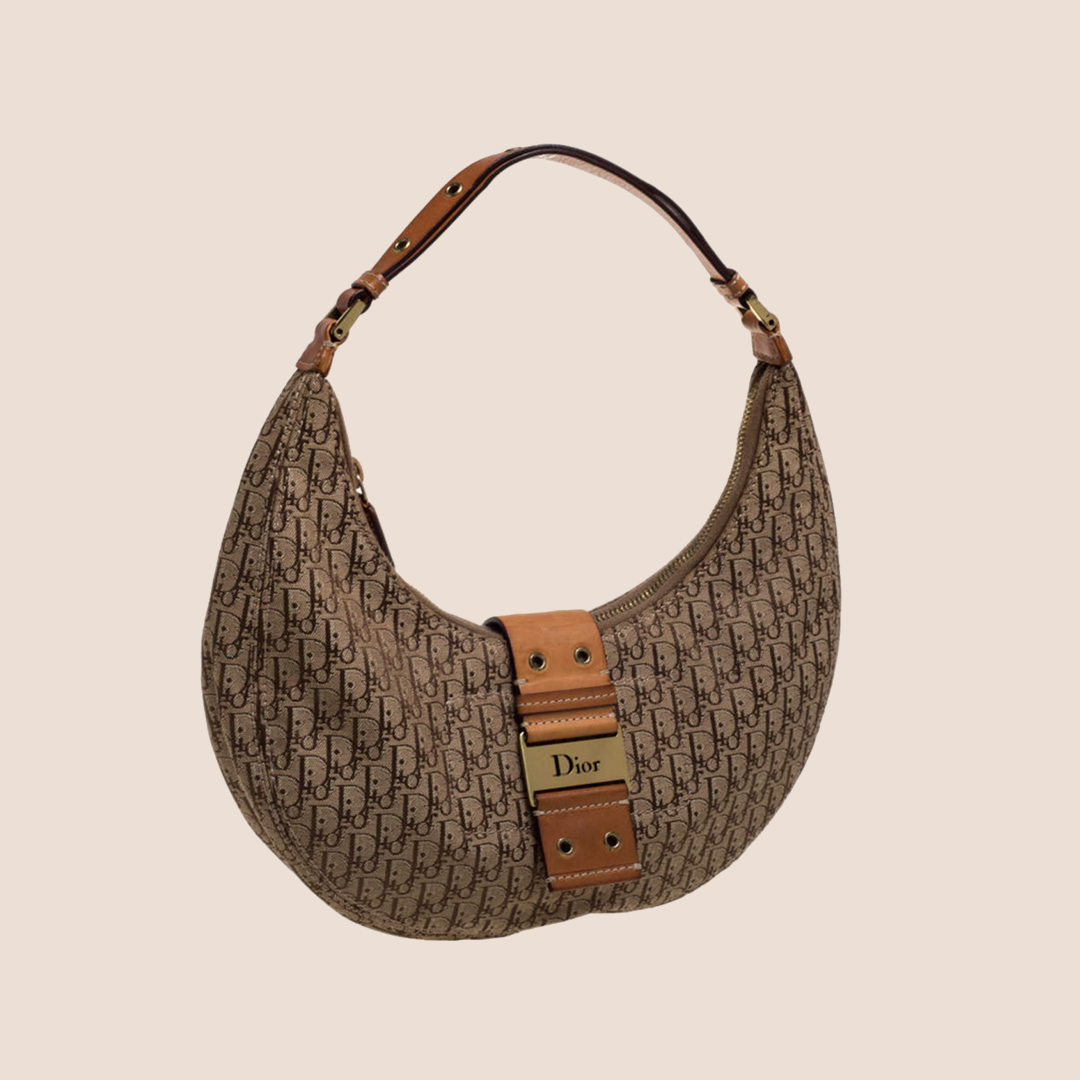 CHRISTIAN D1OR BEIGE &amp; BROWN STREET CHIC HALF MOON BAG