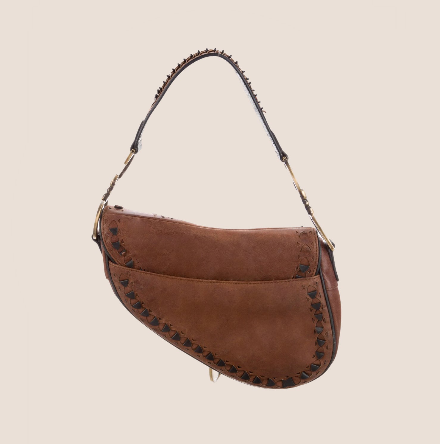 CHRISTIAN D1OR BROWN LEATHER FLORAL LASER CUT SADDLE BAG