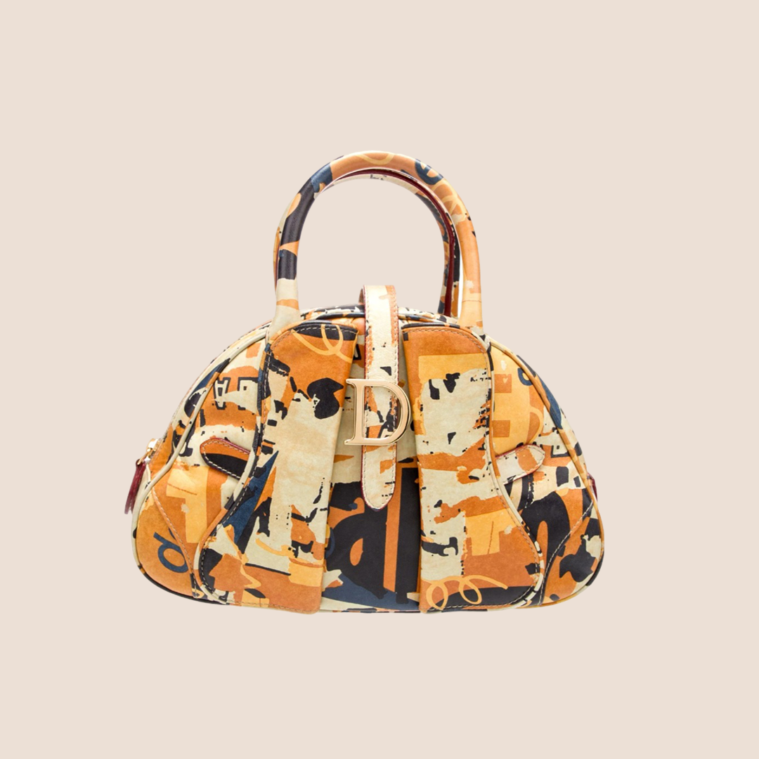 CHRISTIAN D1OR 2001 ORANGE PRINTED DOUBLE SADDLE BOWLER BAG