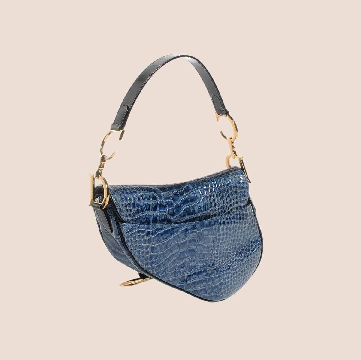 CHRISTIAN D1OR BLUE CALFSKIN CROCODILE EMBOSSED SADDLE BAG