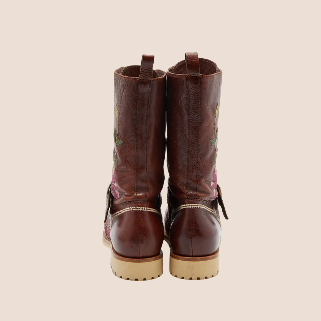 CHRISTIAN D1OR BROWN FLORAL &amp; BUTTERFLY EMBROIDERED COMBAT BOOTS