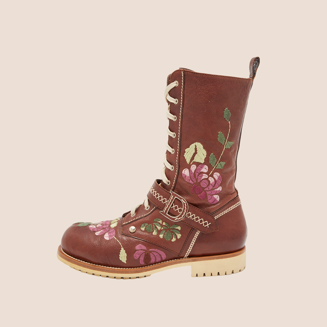 CHRISTIAN D1OR BROWN FLORAL &amp; BUTTERFLY EMBROIDERED COMBAT BOOTS