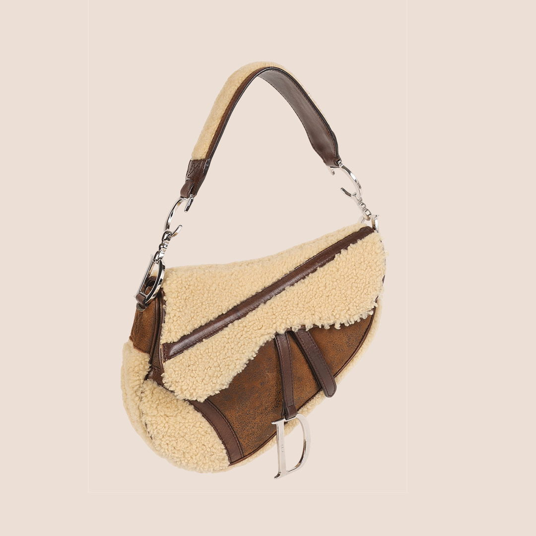 CHRISTIAN D1OR 2005 BROWN SHEARLING FLIGHT SADDLE BAG