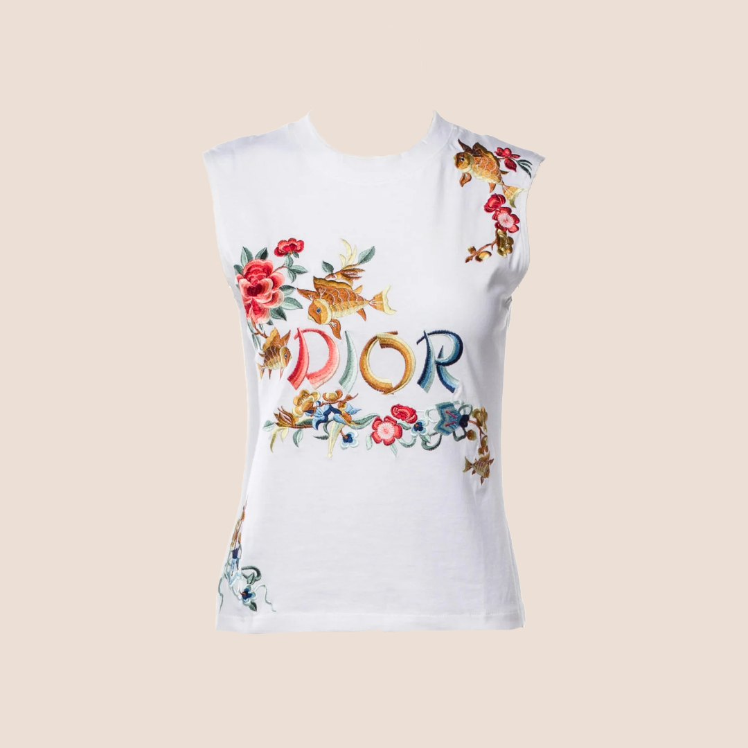 CHRISTIAN D1OR 2002 ORIENTAL KOI FISH FLORAL EMBROIDERED TANK TOP