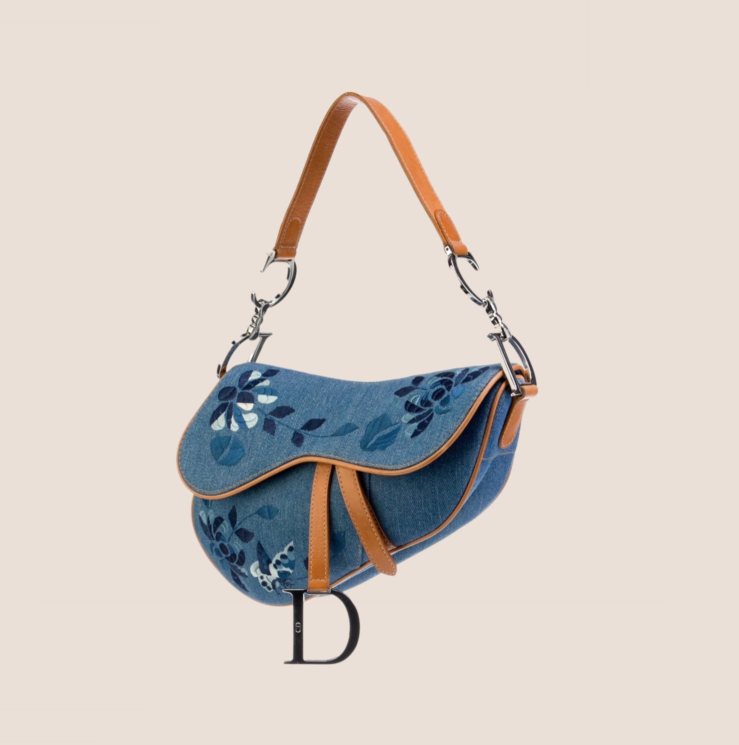 CHRISTIAN D1OR 2005 DENIM EMBROIDERED SADDLE BAG