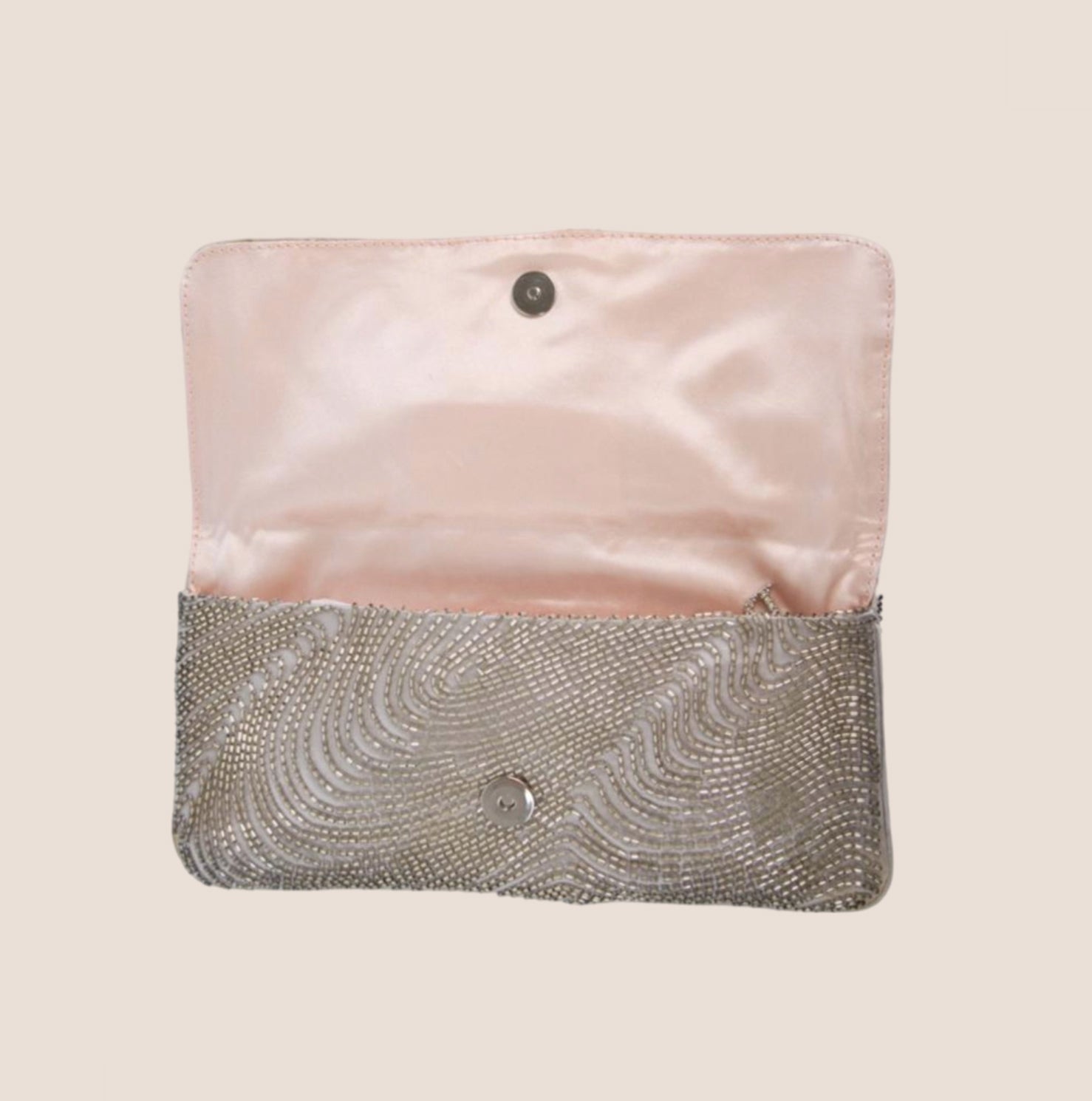 CHRISTIAN D1OR BEADED SILVER SATIN LOGO CLUTCH