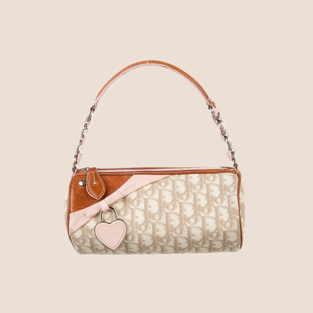 CHRISTIAN D1OR 2007 PINK &amp; BROWN ROMANTIQUE MINI BARREL BAG