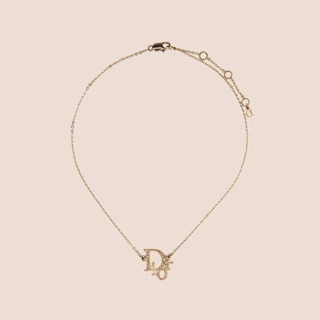 CHRISTIAN D1OR 2000s GOLD CRYSTAL LOGO NECKLACE