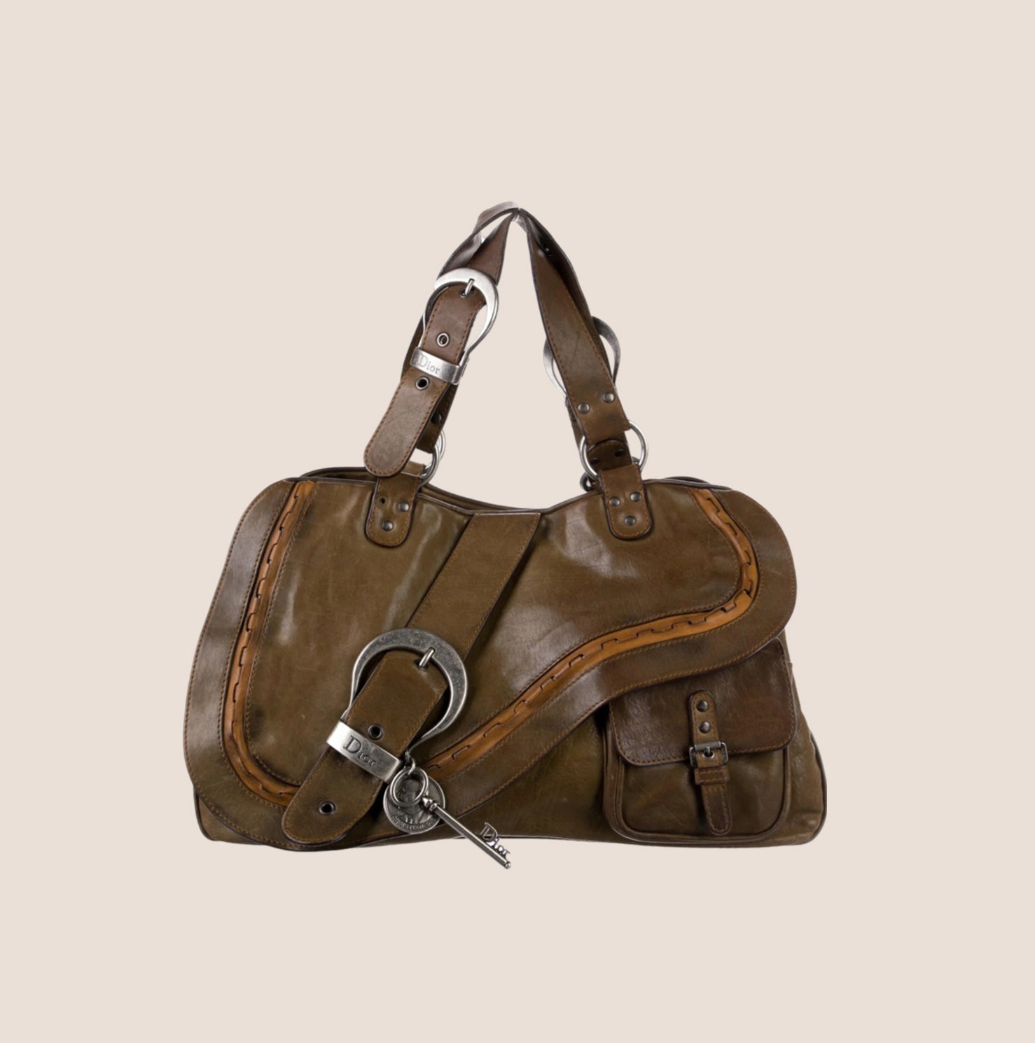 CHRISTIAN D1OR 2006 KHAKI LEATHER DOUBLE GAUCHO BAG