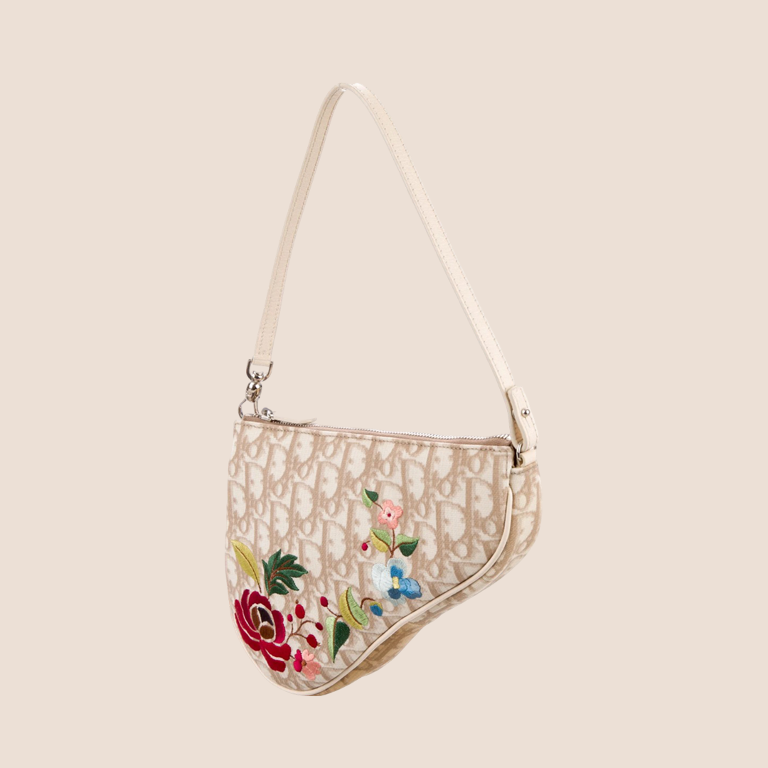 CHRISTIAN D1OR BEIGE EMBROIDERED FLOWERS SADDLE BAG
