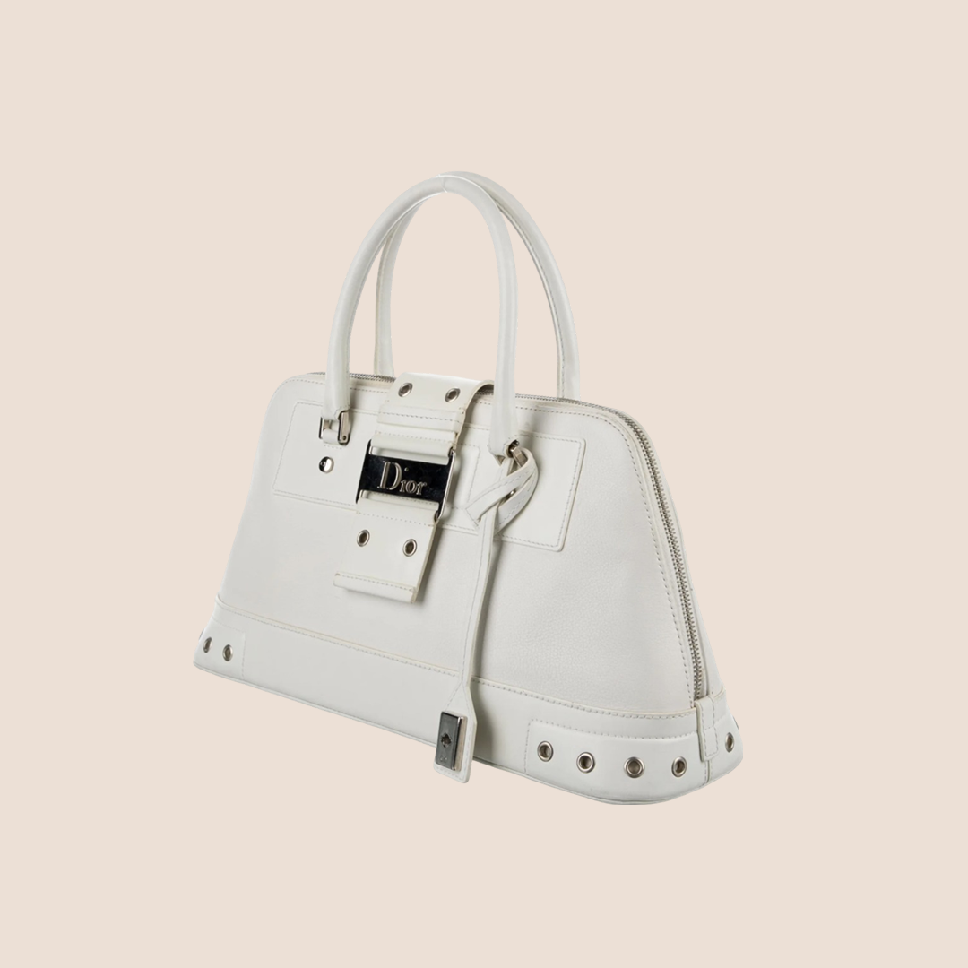 CHRISTIAN D1OR 2002 WHITE LEATHER STREET CHIC TOP HANDLE BAG
