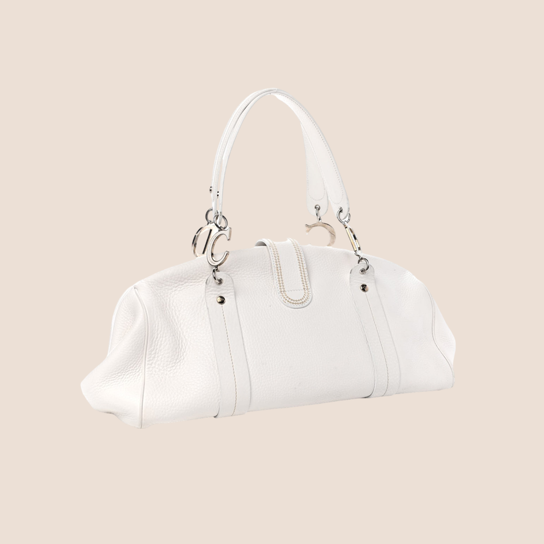 CHRISTIAN D1OR 2005 WHITE CALFSKIN BUCKLE FRAME SATCHEL