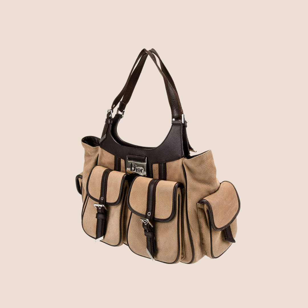 CHRISTIAN D1OR 2005 BROWN SUEDE STREET CHIC MULTIPOCKET SHOULDER BAG