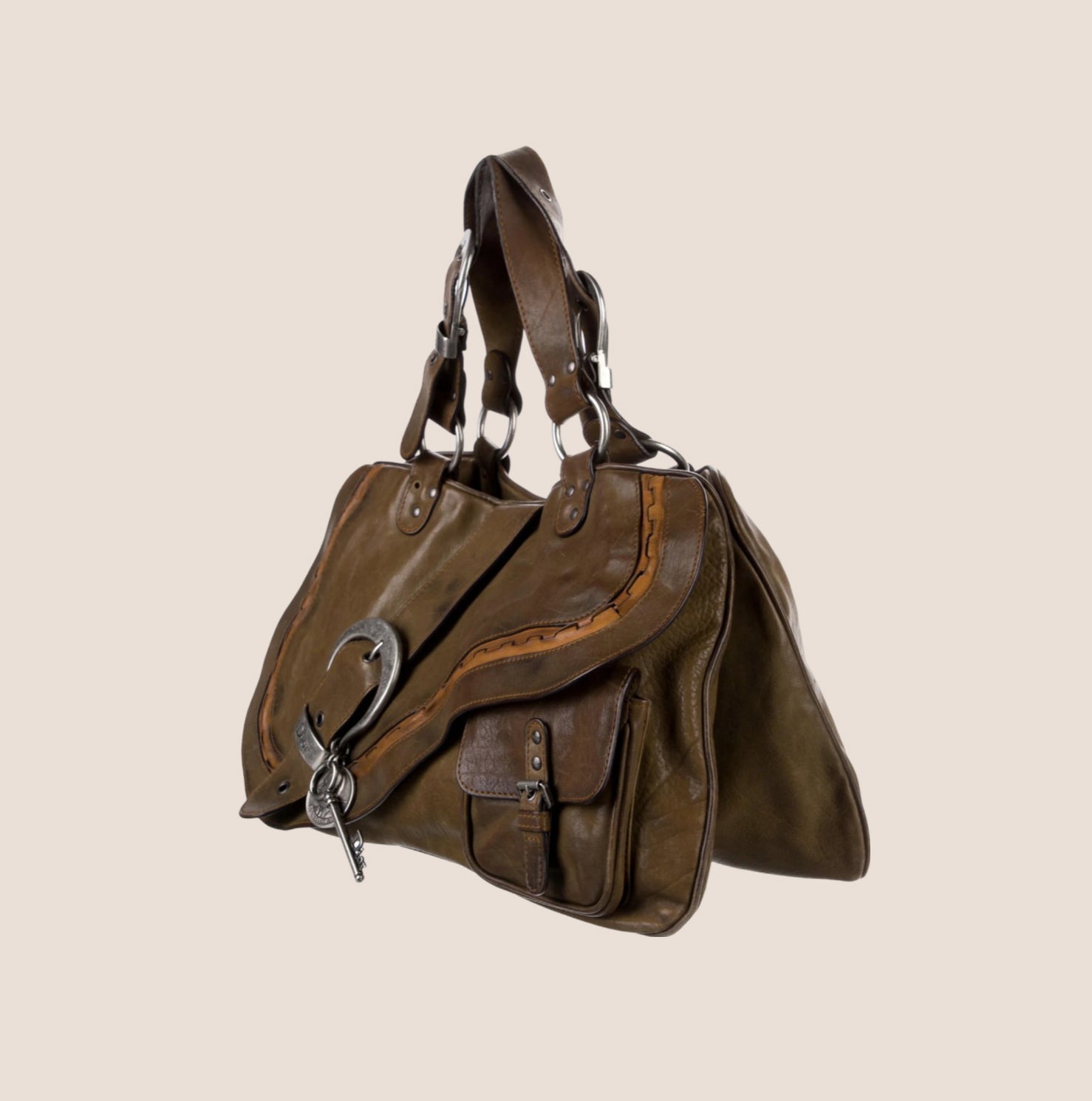 CHRISTIAN D1OR 2006 KHAKI LEATHER DOUBLE GAUCHO BAG