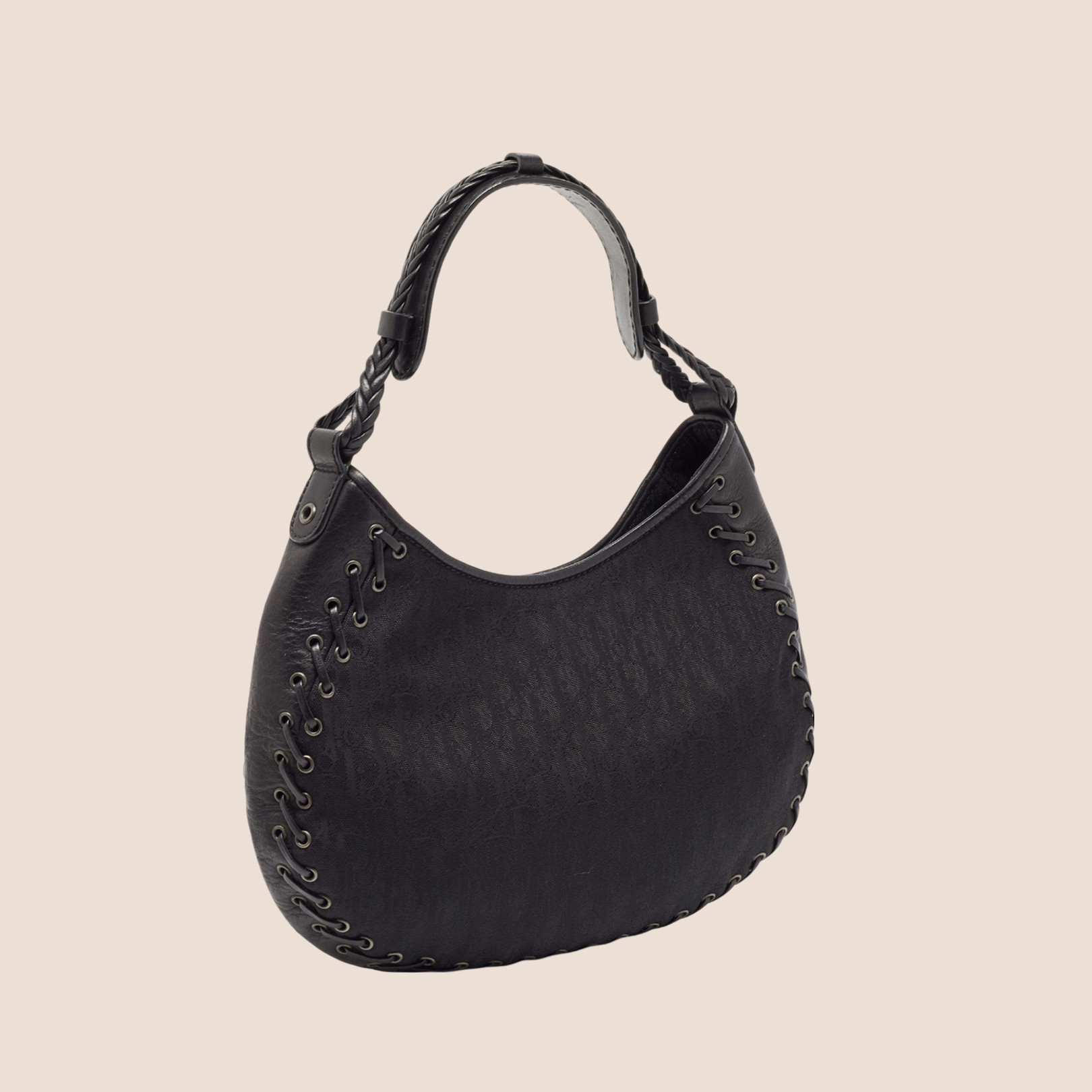 CHRISTIAN D1OR BLACK OBLIQUE NYLON &amp; LEATHER HOBO BAG
