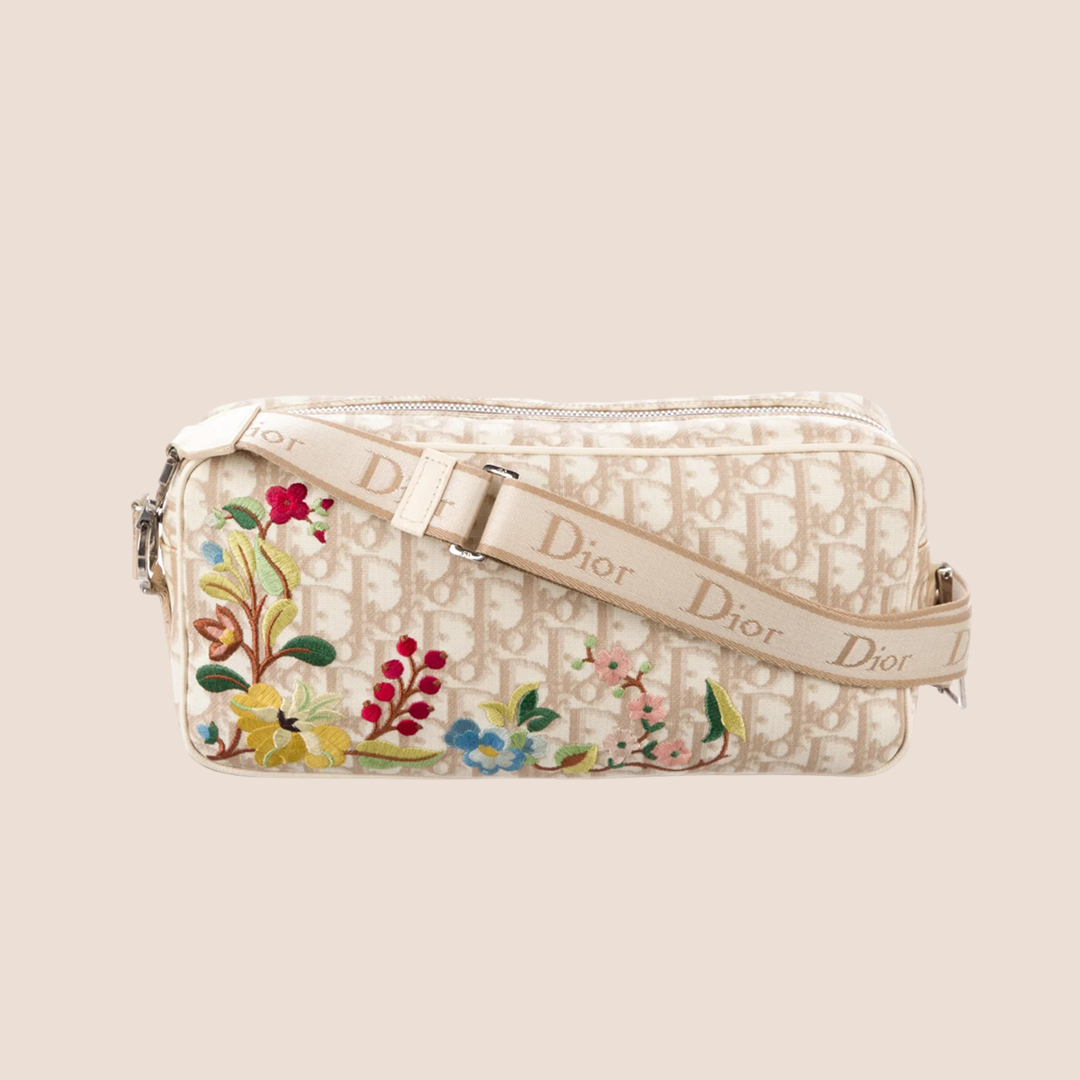 CHRISTIAN D1OR 2004 D1ORISSIMO BEIGE FLORAL EMBROIDERED CROSSBODY BAG