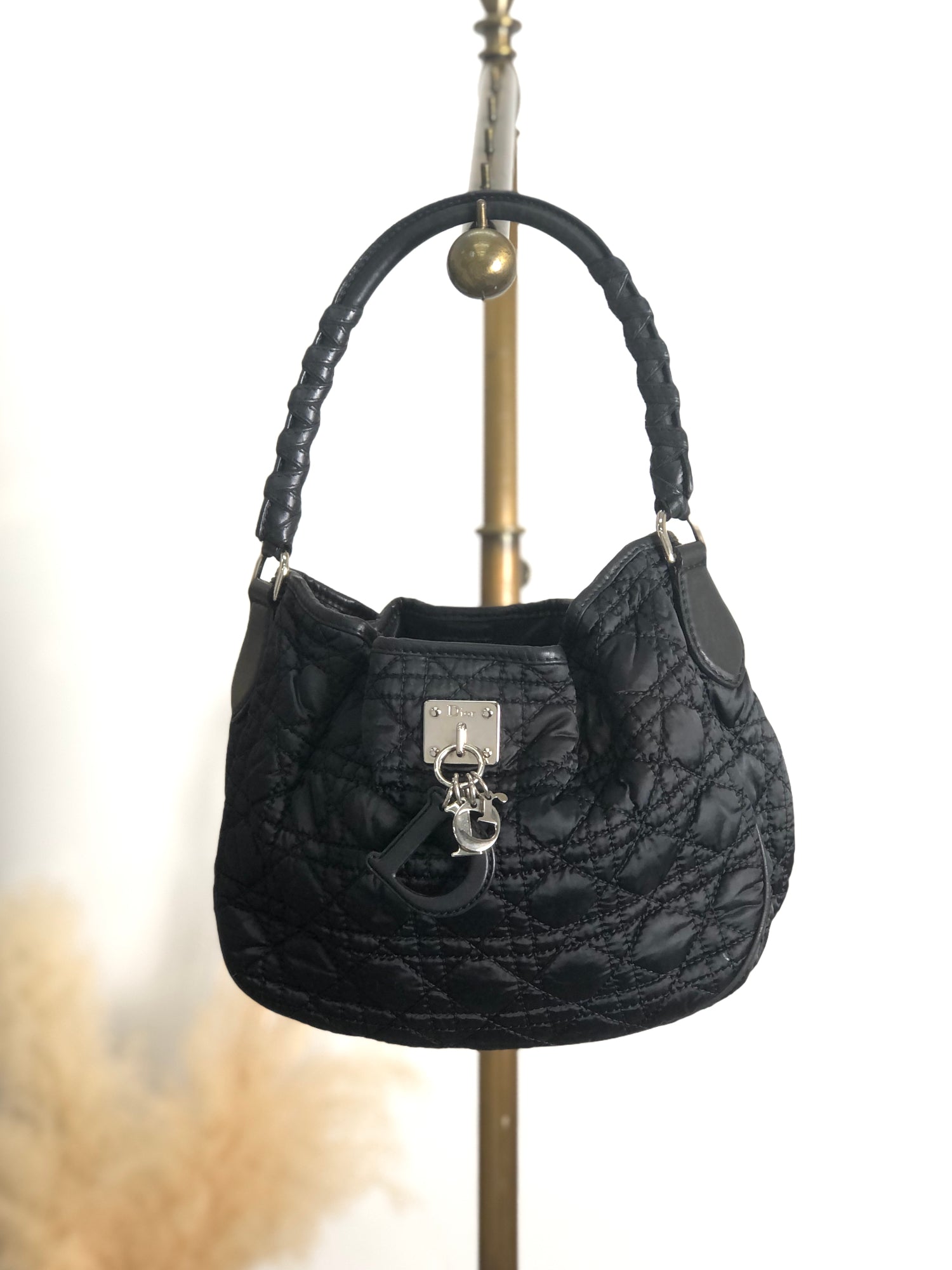 Christian D1OR Cannage Logo Charm Shoulder bag Hobobag Black Vintage j5gaea