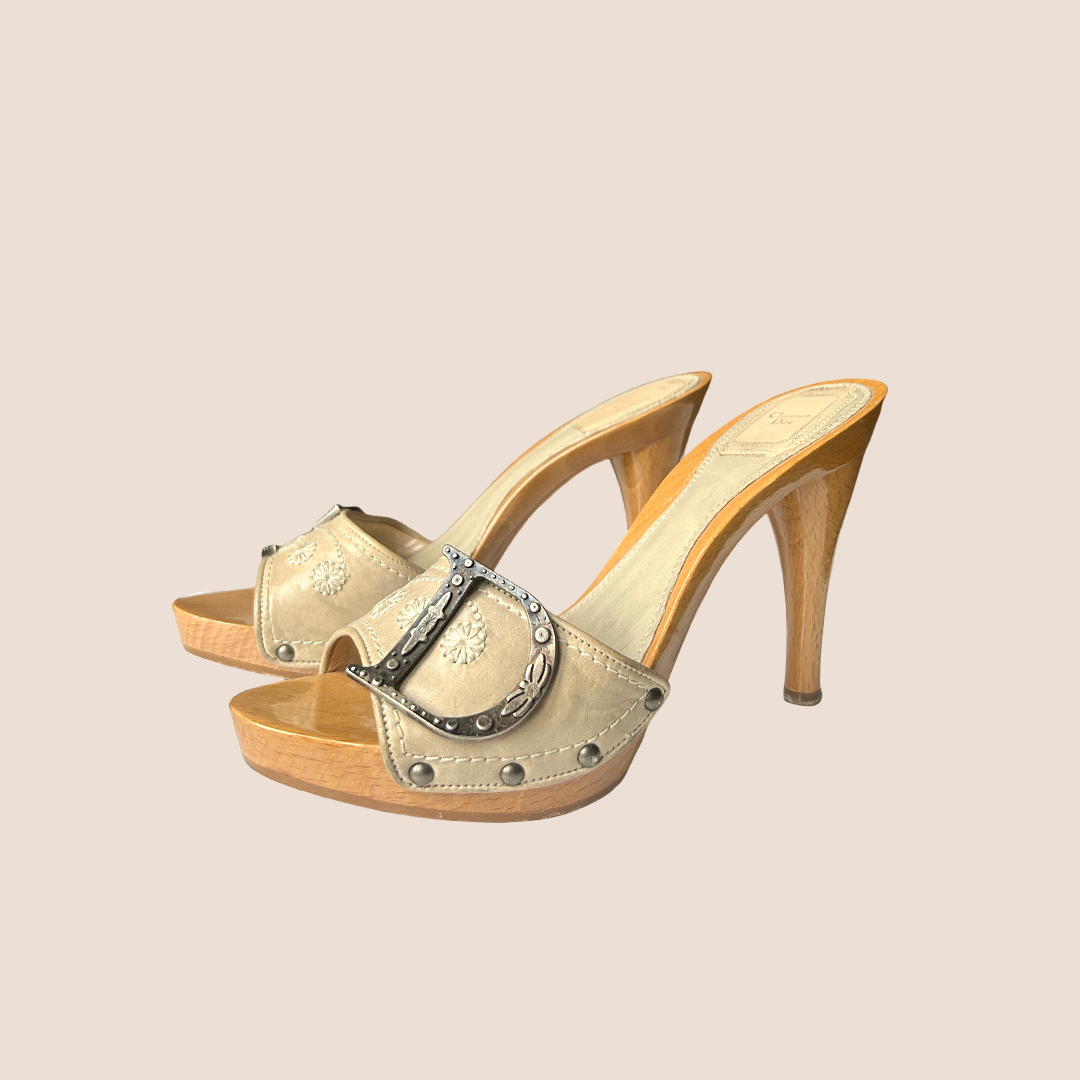 CHRISTIAN D1OR BEIGE GLOSSY WOOD PLATFORM HEELS