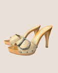 CHRISTIAN D1OR BEIGE GLOSSY WOOD PLATFORM HEELS